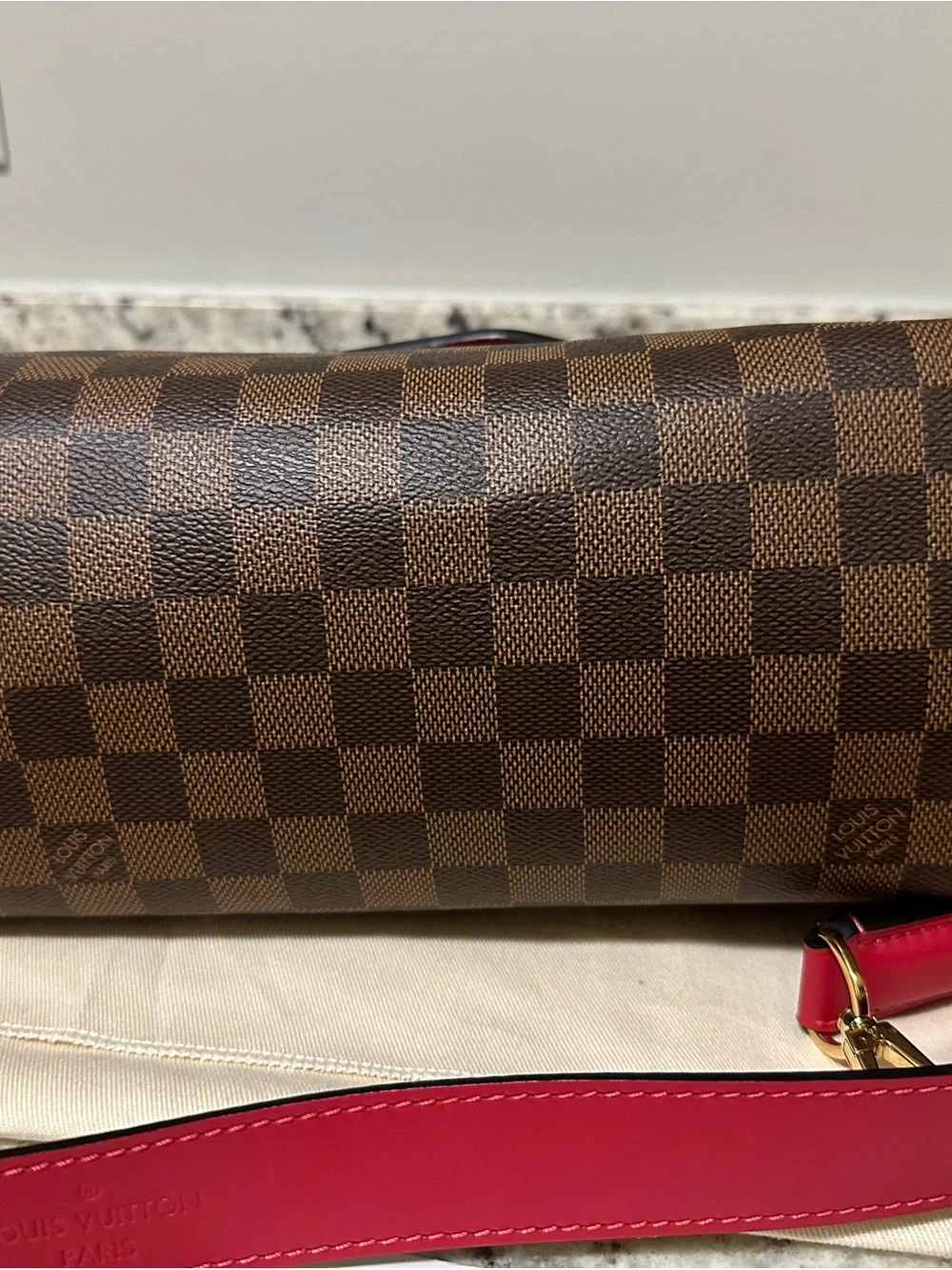LOUIS VUITTON Beaubourg MM Damier Ebene Shoulder Bag Brown Scarlet Red Purse